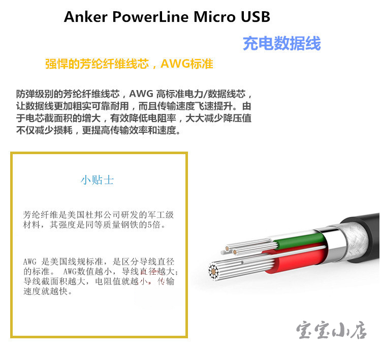 Anker安卓通用快充数据线手机平板快充Micro USB充电线电源线