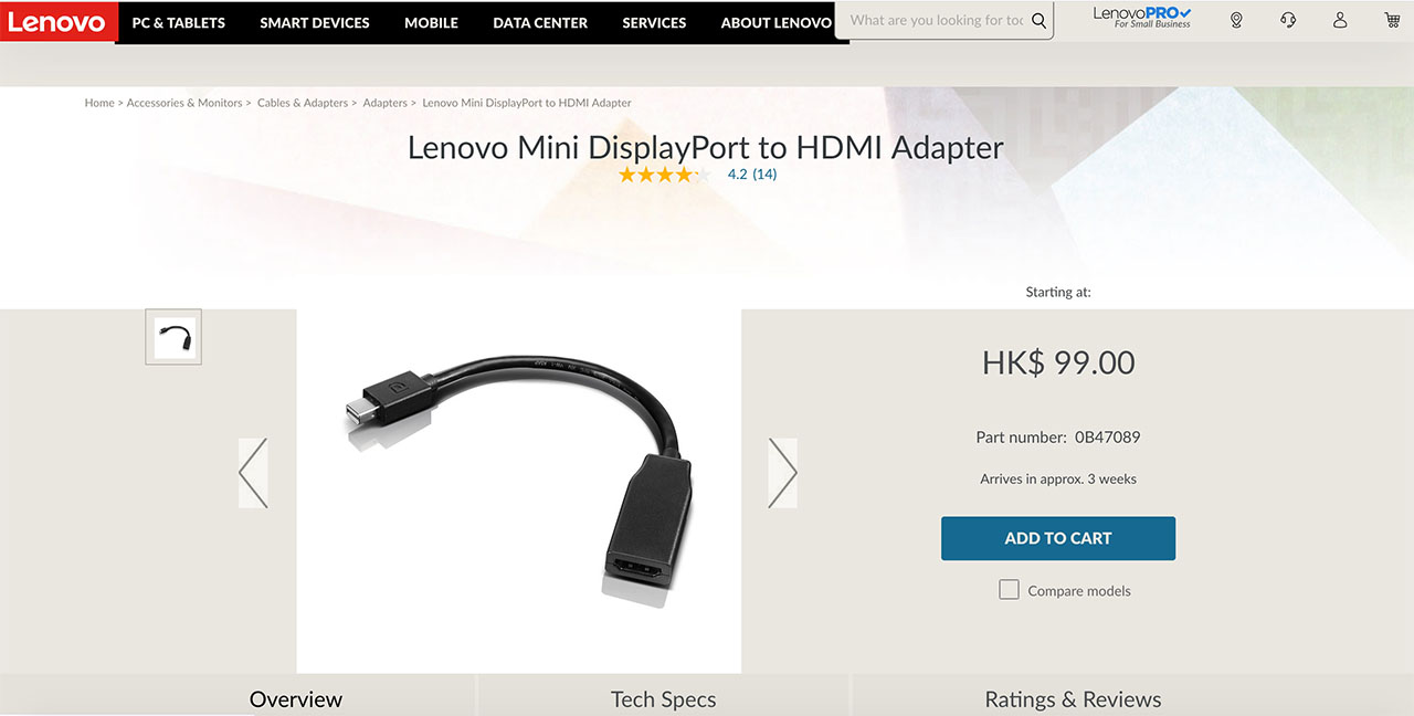 联想Lenovo 4K雷电2迷你DP to HDMI mini dp转HDMI电视转换线0B47089 Mini DisplayPort to HDMI Adapter